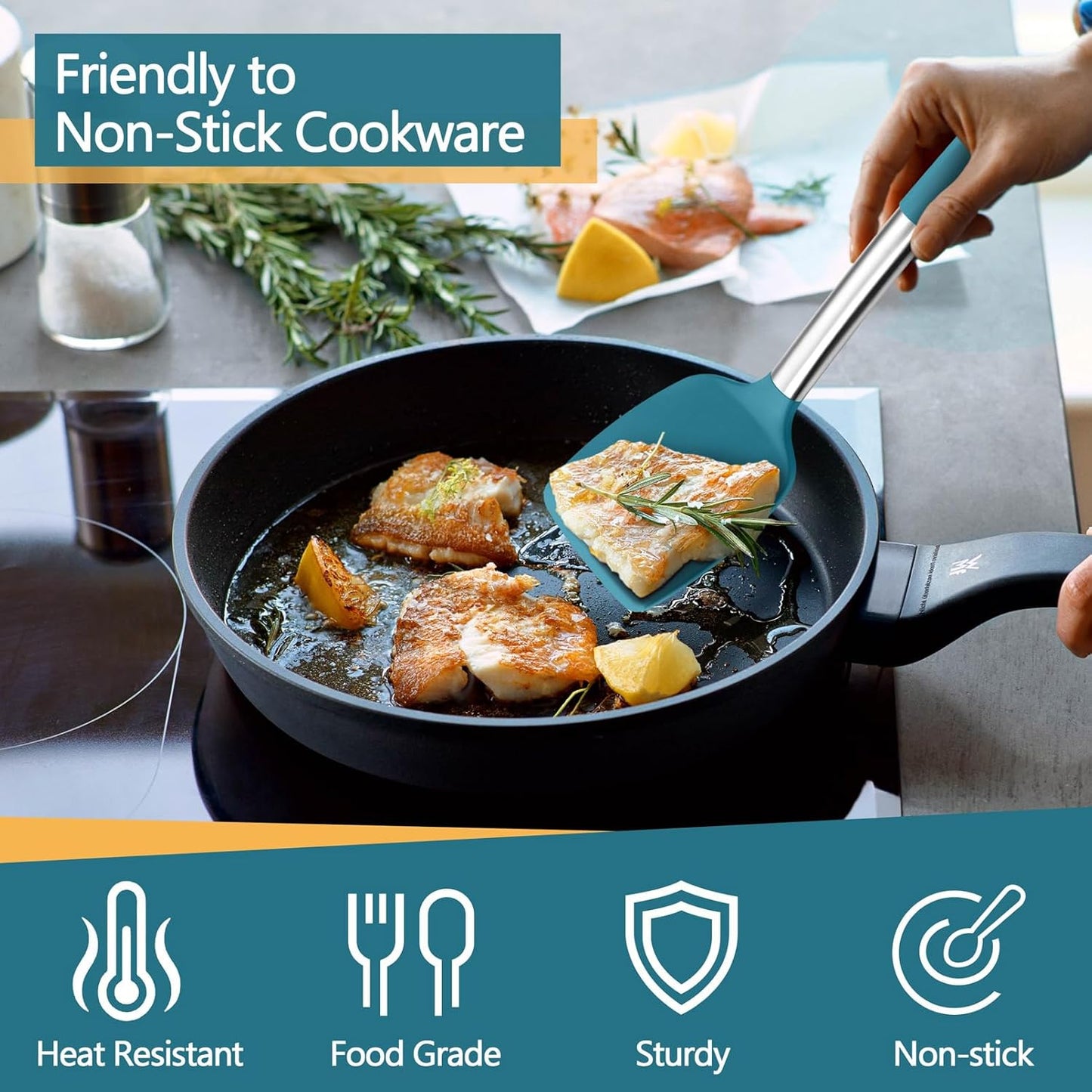 P&P CHEF Black Kitchen Cooking Utensil Set of 4, Silicone Solid Spatulas Slotted Spoons Turners for Non-stick Cookware Flipping Mixing, Heat-proof