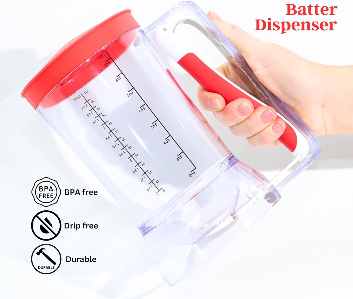 Mess-Free Pancakes Pourer & Cupcake Batter Dispenser | 4 Cup Capacity | Precision Pour Control & Easy-Squeeze Handle | BPA-Free Kitchen Tool for Waffles, Crepes & Muffins