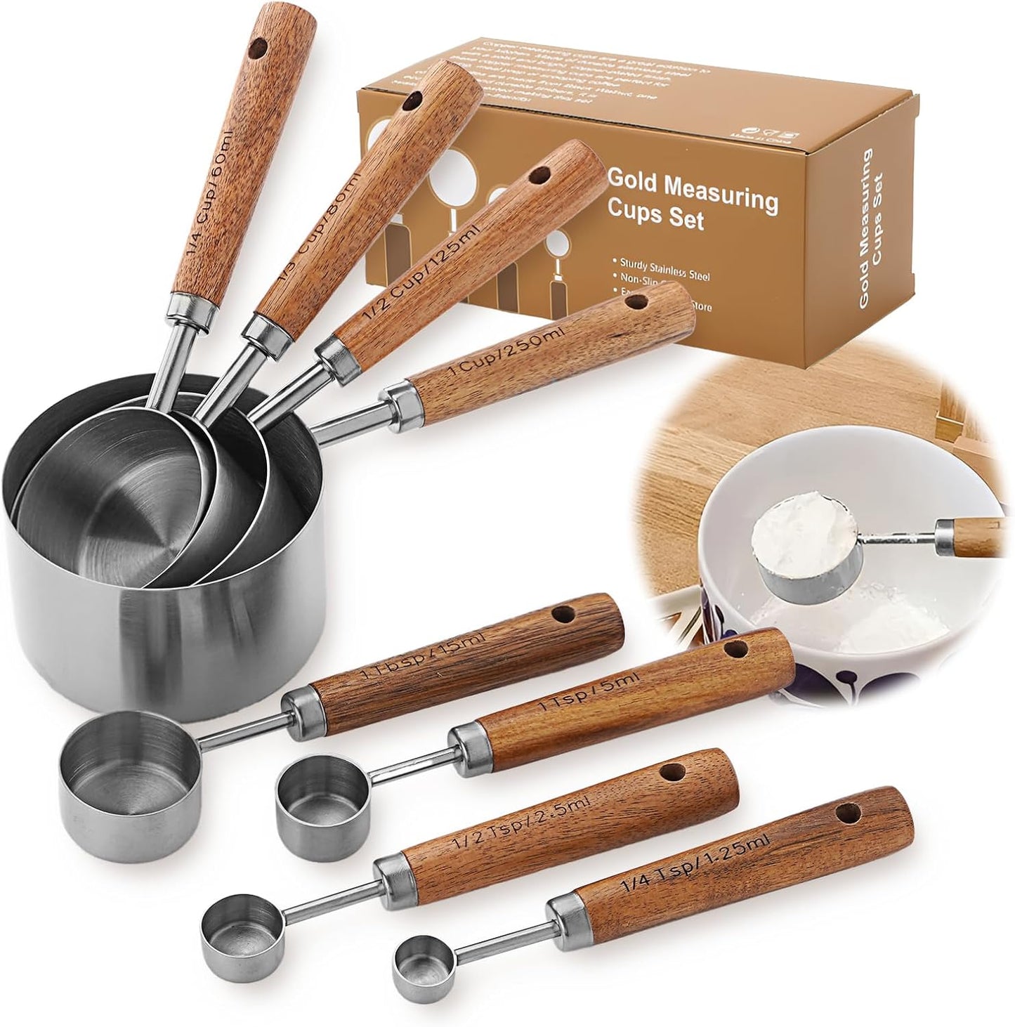 Measuring Cups and Spoons Set,Premium Stainless Steel Measuring Cups and Spoons Set with Wood Handle, 8-Pieces Kitchen Essentials for Baking, Coffee with Ergonomic Grip & Engraved Markings(Silver8)