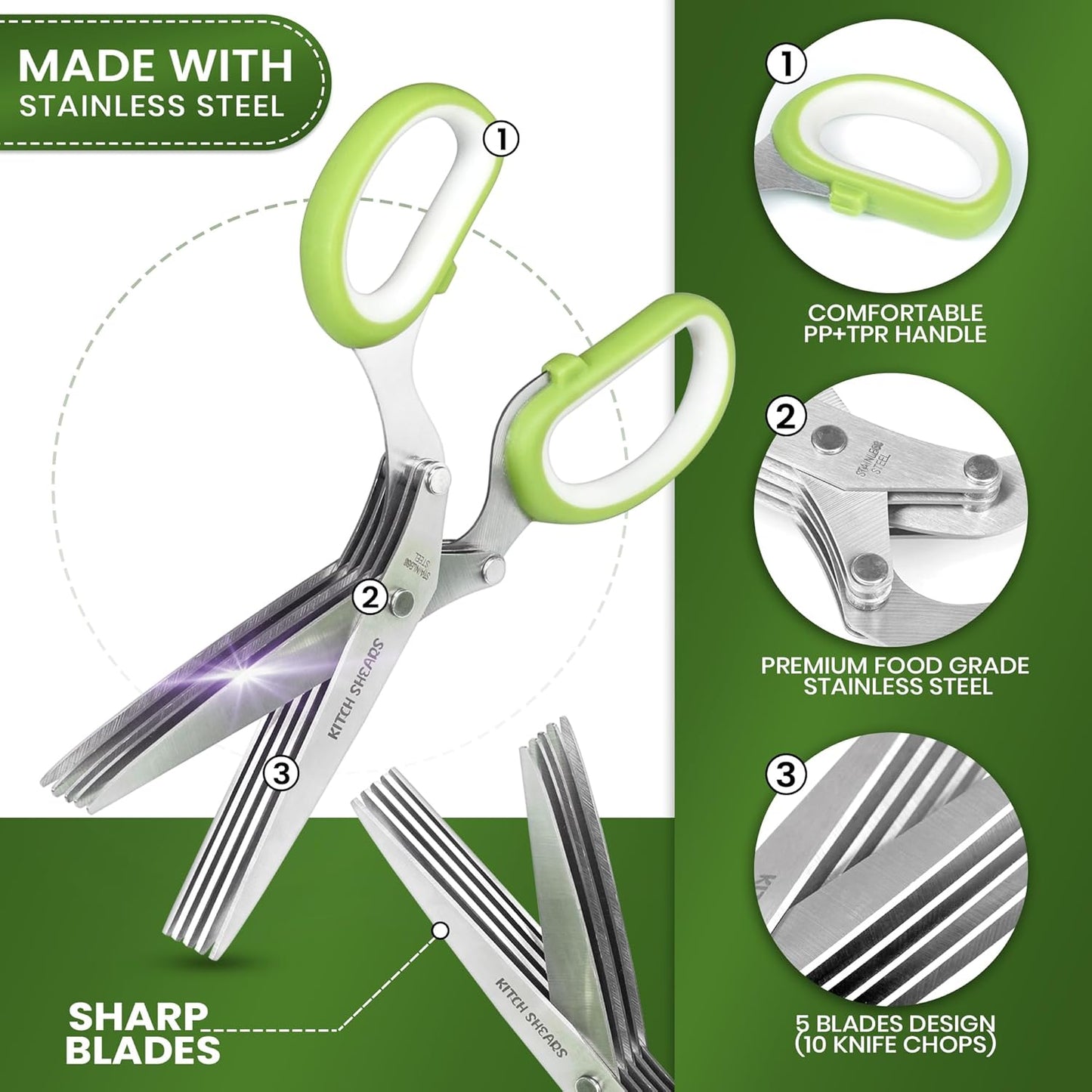 KitchShears Herb Scissors with 5 Blades and Cover - Premium Quality Stainless-Steel Herb Cutter for Kitchen & Garden Herbs - With safety Cover and Cleaning Comb - Dishwasher Safe & Easy to Clean