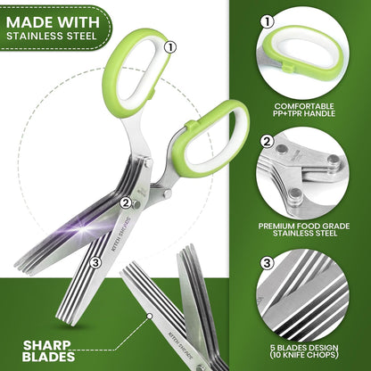 KitchShears Herb Scissors with 5 Blades and Cover - Premium Quality Stainless-Steel Herb Cutter for Kitchen & Garden Herbs - With safety Cover and Cleaning Comb - Dishwasher Safe & Easy to Clean