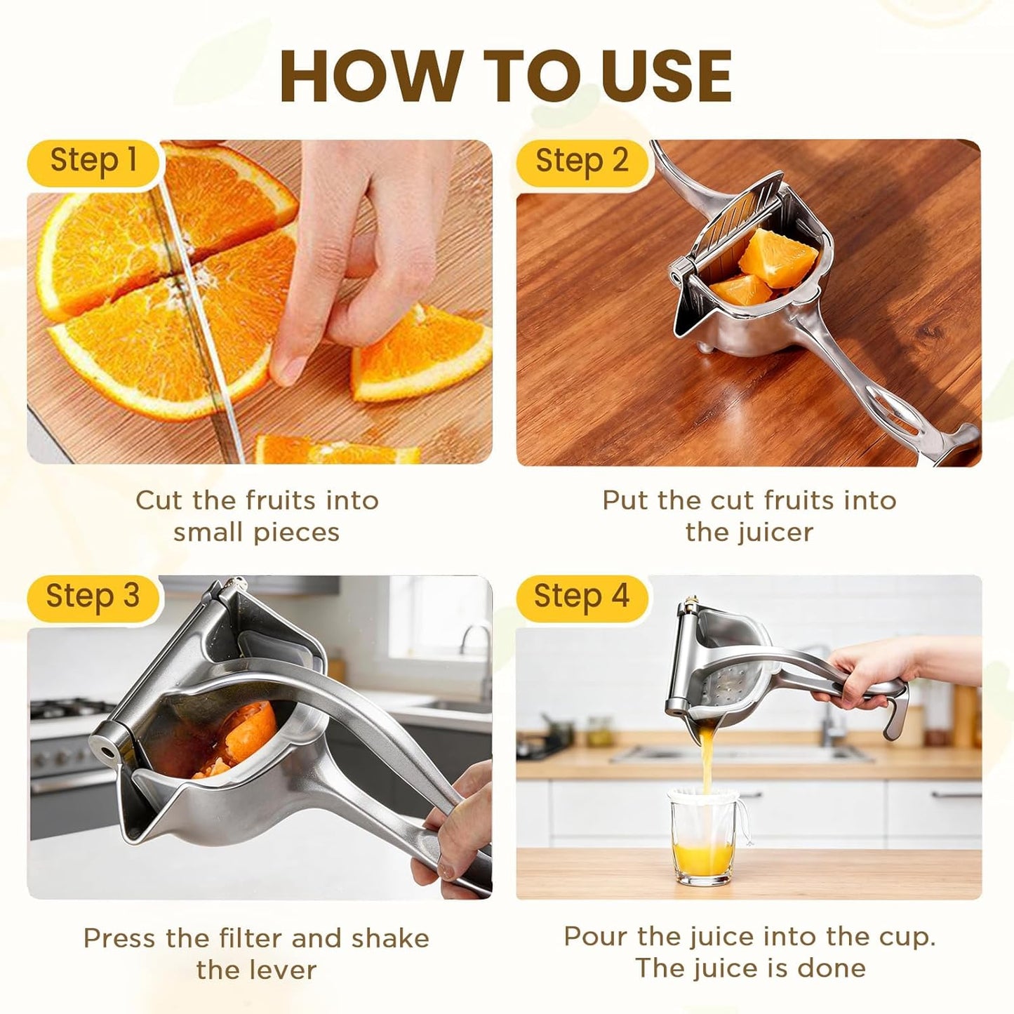 Fruit Juice Squeezer Manual Juicer – 304 Stainless Steel Hand Juicer Juice Press with Metal Filter filter bag, Easy to Use & Clean, Non-Slip Ergonomic Grip, for Lemon, Orange & Citrus