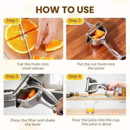 Fruit Juice Squeezer Manual Juicer – 304 Stainless Steel Hand Juicer Juice Press with Metal Filter filter bag, Easy to Use & Clean, Non-Slip Ergonomic Grip, for Lemon, Orange & Citrus