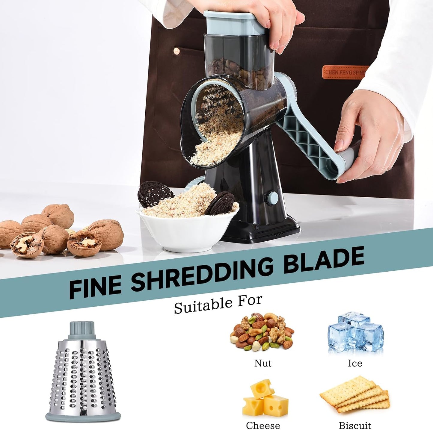 Rotary Cheese Grater with Handle Kitchen Shredder Slicer Grater Slicer Ice Shaver Cheese Vegetable Nuts Potato Zucchini Chocolate 3 Interchangeable Blades (Dark Grey TSP)