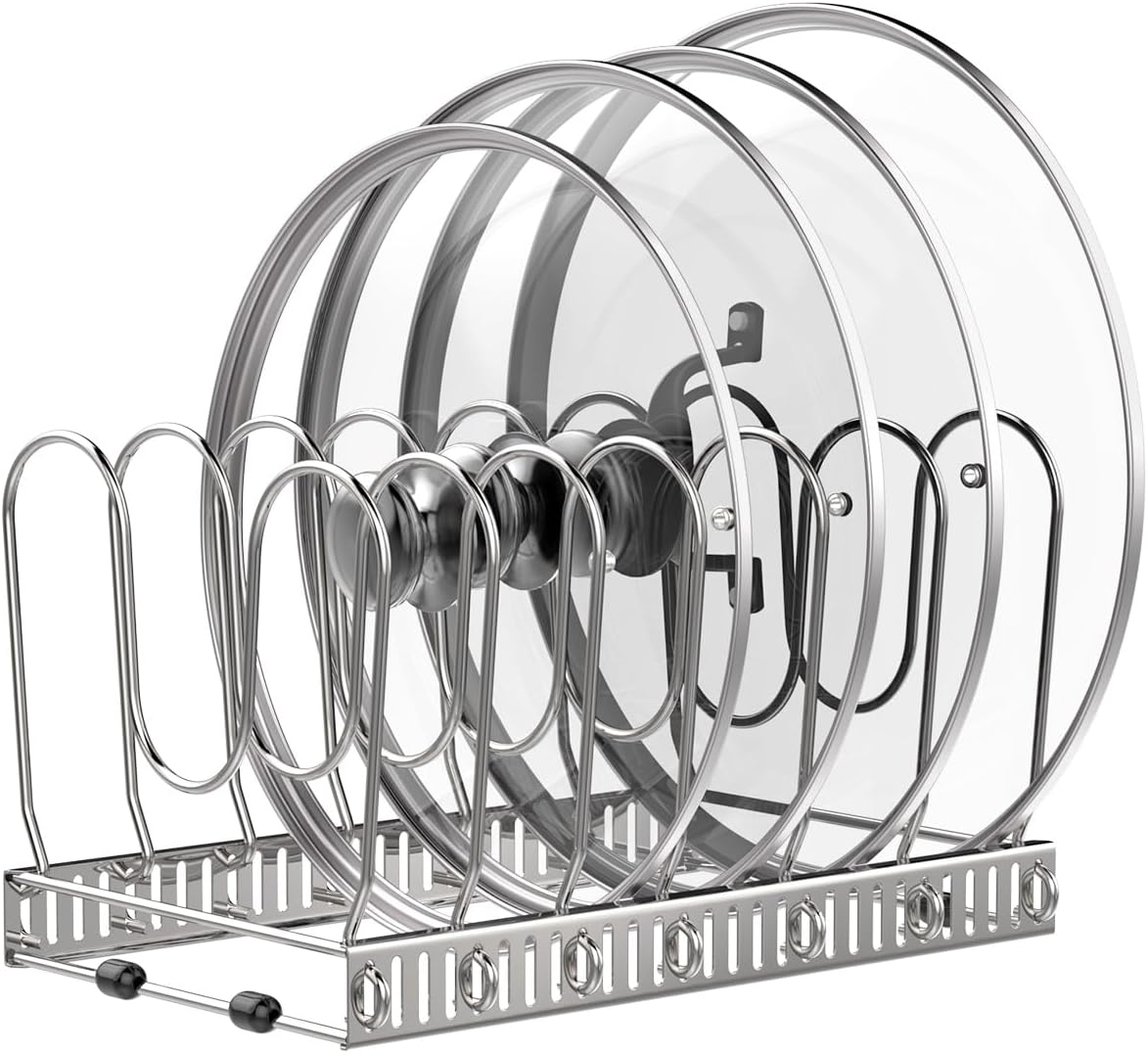 Housolution Pot and Pan Organizer Rack for Cabinet, Expandable Pot Lid Organizer Holder with 14 Adjustable Dividers, Fully Expanded Size 22.83" W x 7.09" D x 7.09" H, Black