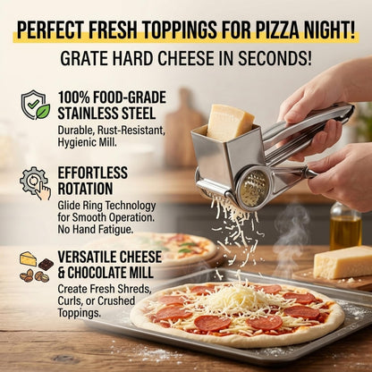 Rotary Cheese Grater with Handle, Professional Grade Stainless Steel Manual Ginger & Chocolate Shredder, Reversible Drum for Left/Right Hand, Easy-to-Clean Vegetable & Nut Grinder for Kitchen & Pizza