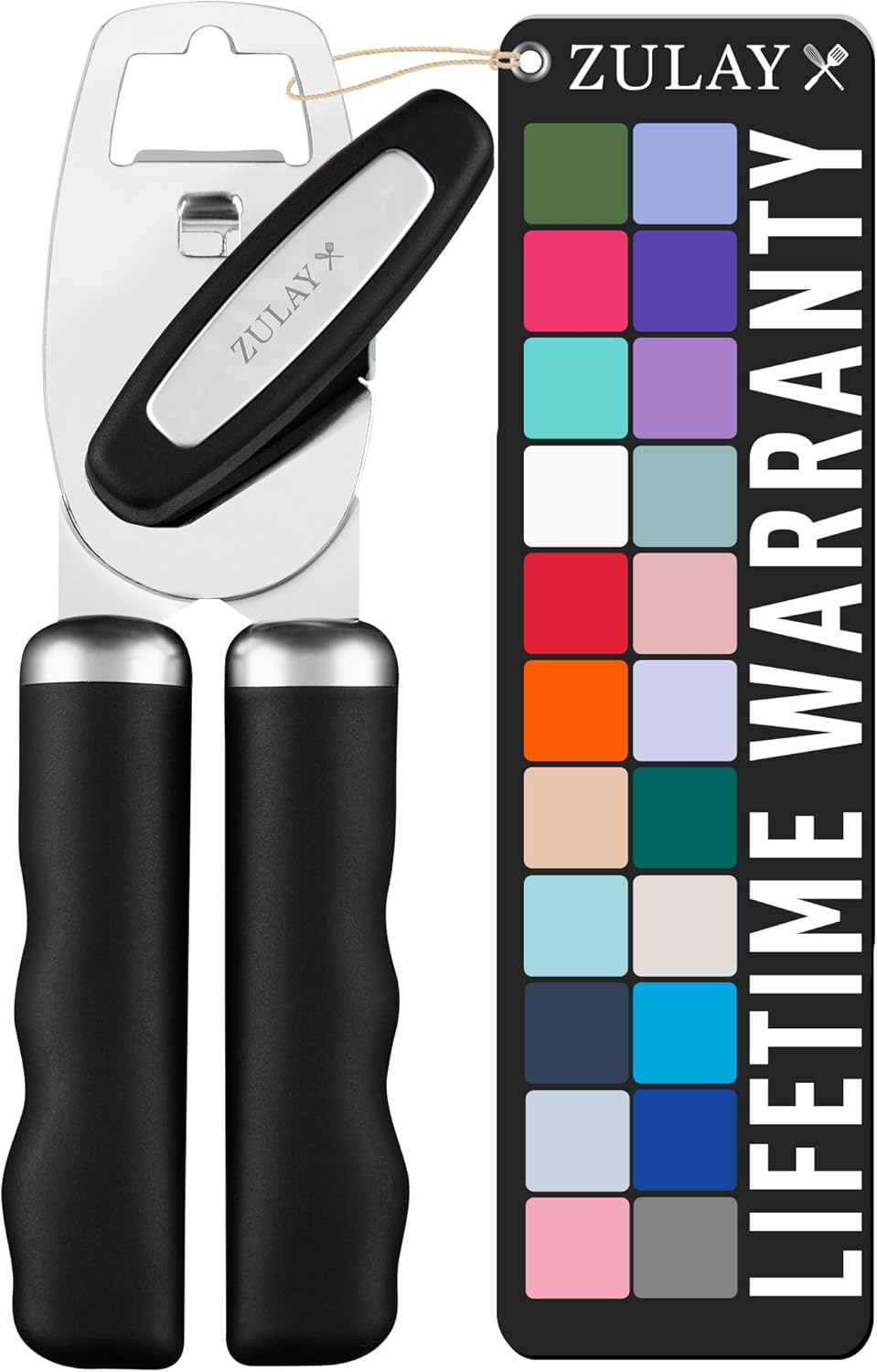 Zulay Kitchen Heavy Duty Stainless Steel Can Opener Manual with Bottle Opener - Rust Proof Manual Can Opener With Turn Knob & Comfy Soft Grip Handles - Black - Colors B