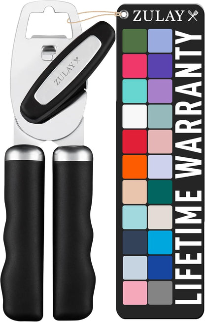 Zulay Kitchen Heavy Duty Stainless Steel Can Opener Manual with Bottle Opener - Rust Proof Manual Can Opener With Turn Knob & Comfy Soft Grip Handles - Black - Colors B