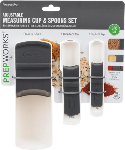 Prepworks Adjustable Measuring Cup & Spoons Set, Measures from 1/4tsp to 1 Cup, For Dry and Wet Ingredients, 3-Piece Set