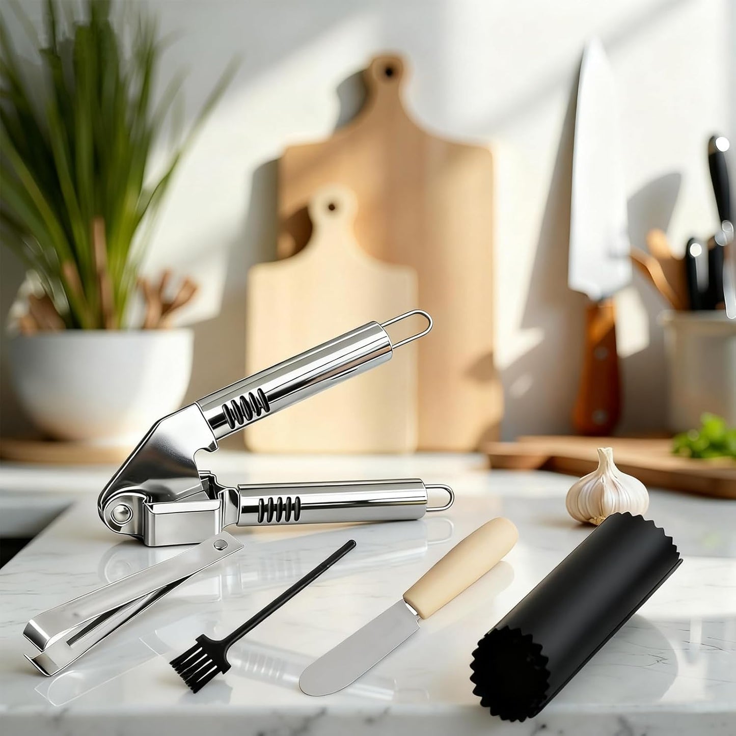 MANJIA Garlic Press and Peel Set Stainless Steel- Rust Proof Garlic Mincer Tool - Easy-Squeeze, Easy-Clean Silicone Garlic Peeler & Brush (Green)