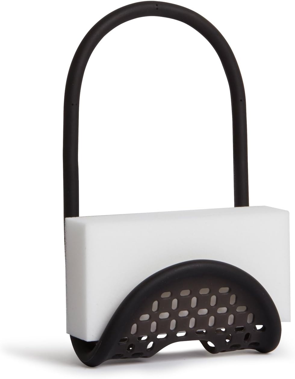 Sling Flexible Sink Caddy, Elastic Non-Slip Sponge Holder, Black | Rubber material, perforated base for drainage, prevents moisture buildup, fits faucet necks, easy rinse clean