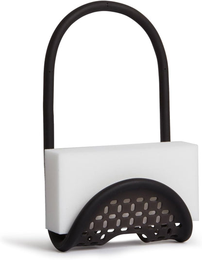 Sling Flexible Sink Caddy, Elastic Non-Slip Sponge Holder, Black | Rubber material, perforated base for drainage, prevents moisture buildup, fits faucet necks, easy rinse clean