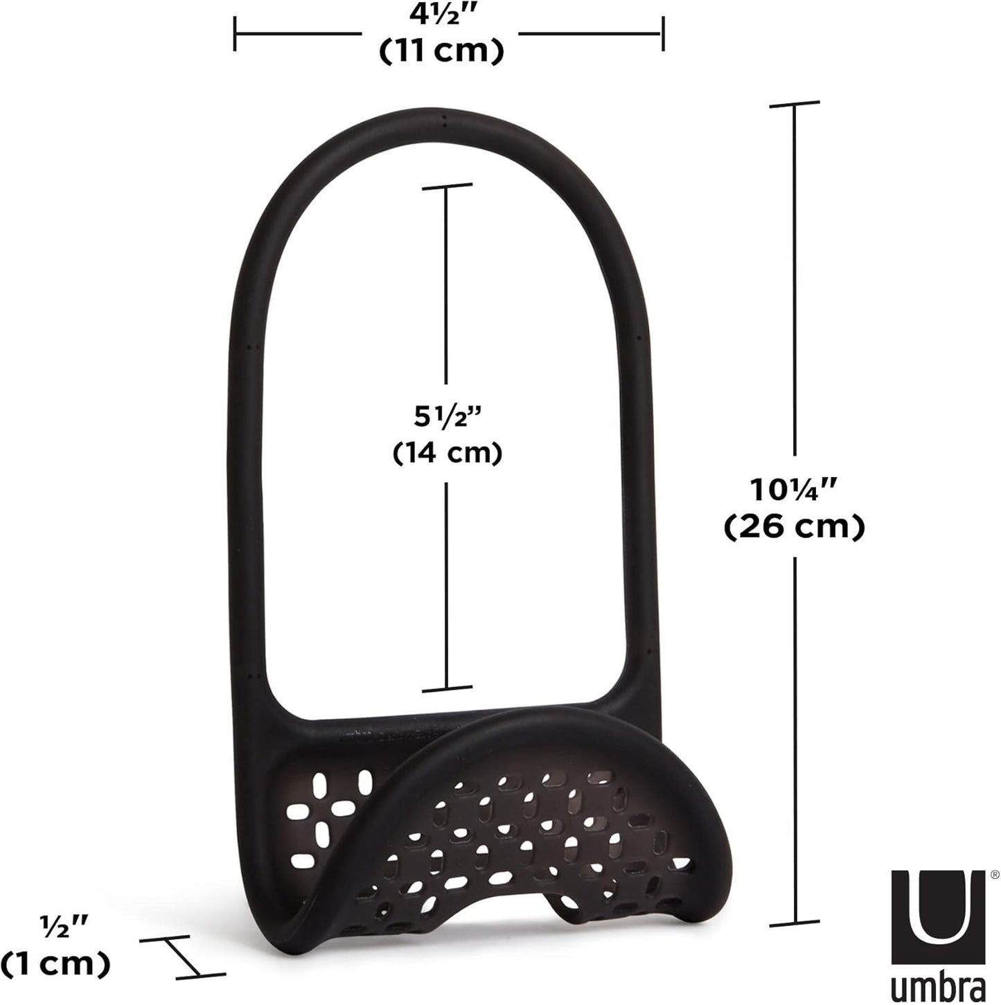 Sling Flexible Sink Caddy, Elastic Non-Slip Sponge Holder, Black | Rubber material, perforated base for drainage, prevents moisture buildup, fits faucet necks, easy rinse clean
