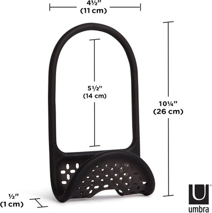 Sling Flexible Sink Caddy, Elastic Non-Slip Sponge Holder, Black | Rubber material, perforated base for drainage, prevents moisture buildup, fits faucet necks, easy rinse clean