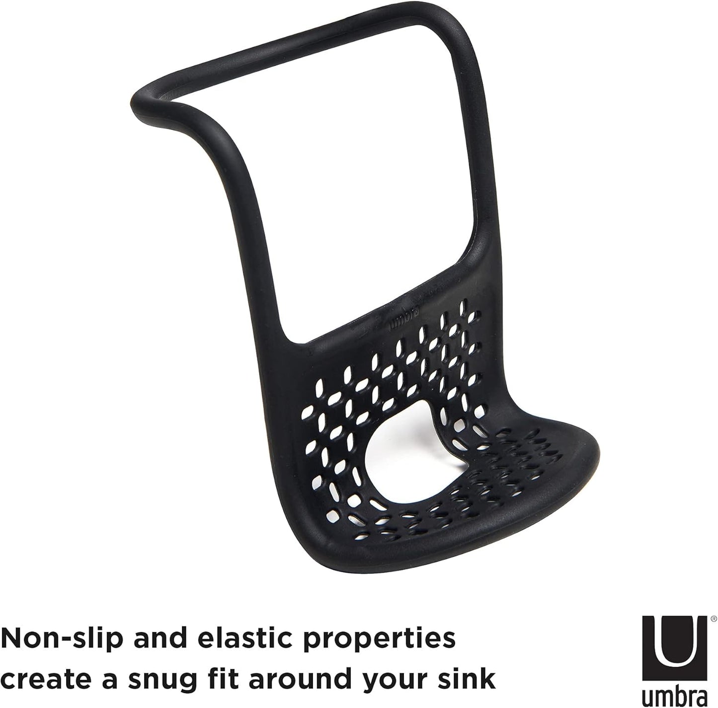 Sling Flexible Sink Caddy, Elastic Non-Slip Sponge Holder, Black | Rubber material, perforated base for drainage, prevents moisture buildup, fits faucet necks, easy rinse clean
