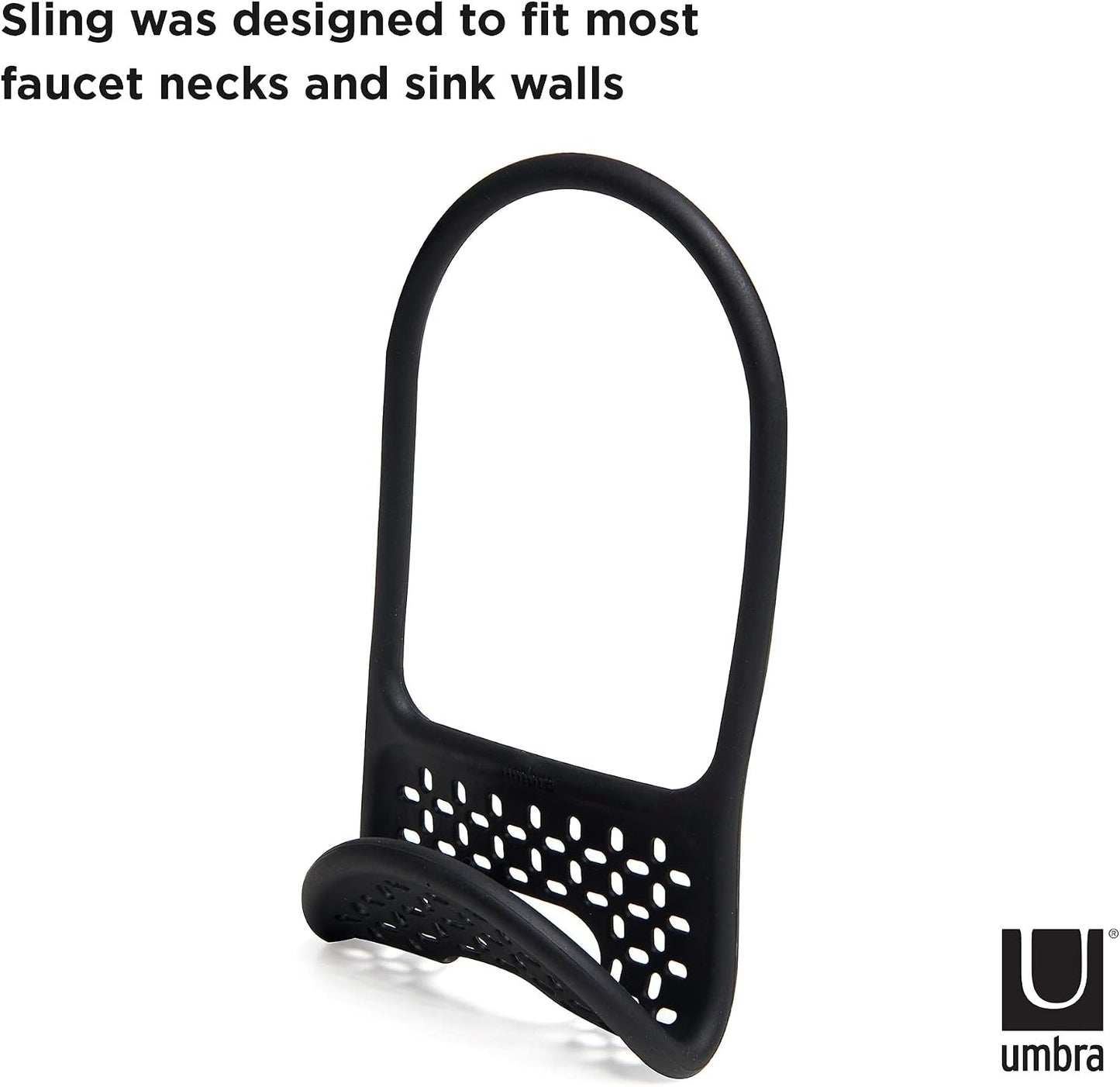 Sling Flexible Sink Caddy, Elastic Non-Slip Sponge Holder, Black | Rubber material, perforated base for drainage, prevents moisture buildup, fits faucet necks, easy rinse clean