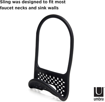 Sling Flexible Sink Caddy, Elastic Non-Slip Sponge Holder, Black | Rubber material, perforated base for drainage, prevents moisture buildup, fits faucet necks, easy rinse clean