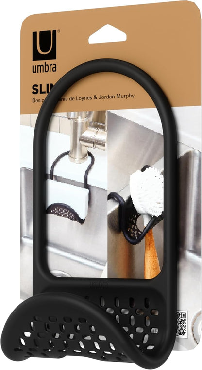 Sling Flexible Sink Caddy, Elastic Non-Slip Sponge Holder, Black | Rubber material, perforated base for drainage, prevents moisture buildup, fits faucet necks, easy rinse clean