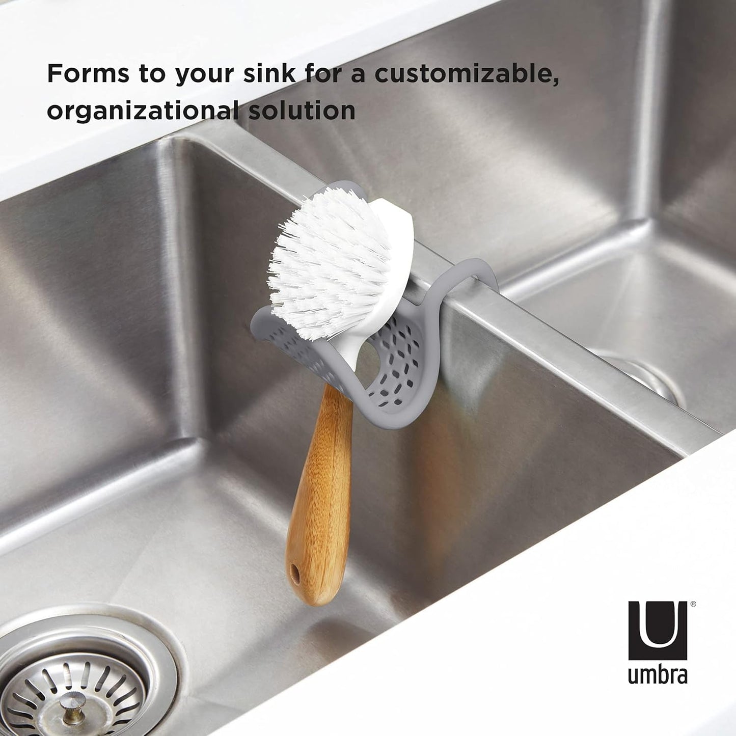 Sling Flexible Sink Caddy, Elastic Non-Slip Sponge Holder, Black | Rubber material, perforated base for drainage, prevents moisture buildup, fits faucet necks, easy rinse clean