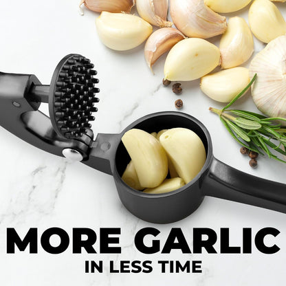 Zulay Kitchen Premium Garlic Press Set - Rust Proof Professional Garlic Mincer Tool - Easy-Squeeze, Easy-Clean with Soft, Ergonomic Handle - Silicone Garlic Peeler & Brush (Silver)