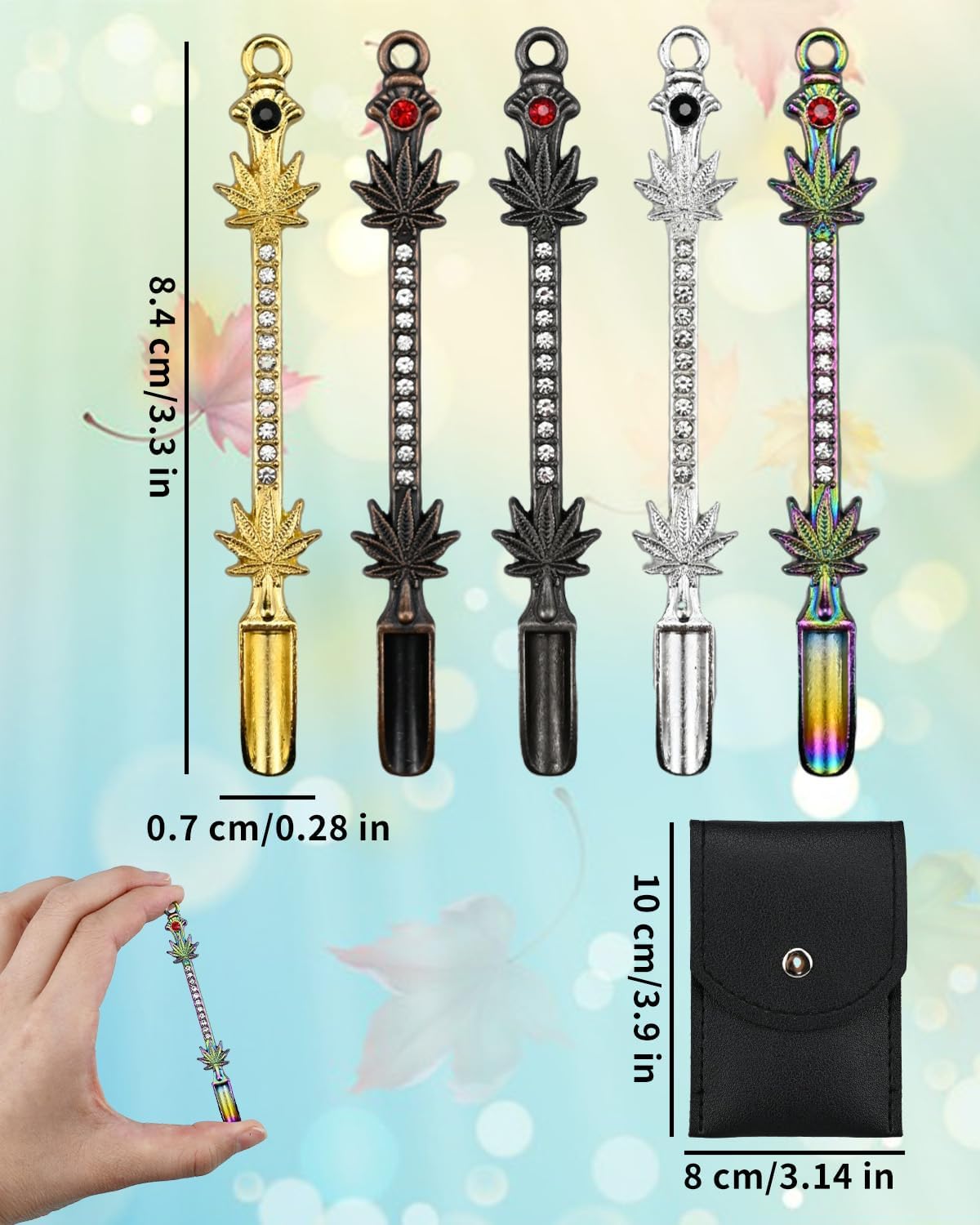 Mini Shovel Spoons Set, 5pc Metal Small Spoons with PU Pouch, Multi-Color Tiny Spoon Necklace Charms Decorative Pendant, Little Measuring Spoon, Rhinestones Jewelry Keychain Gift (Maple Leaf)