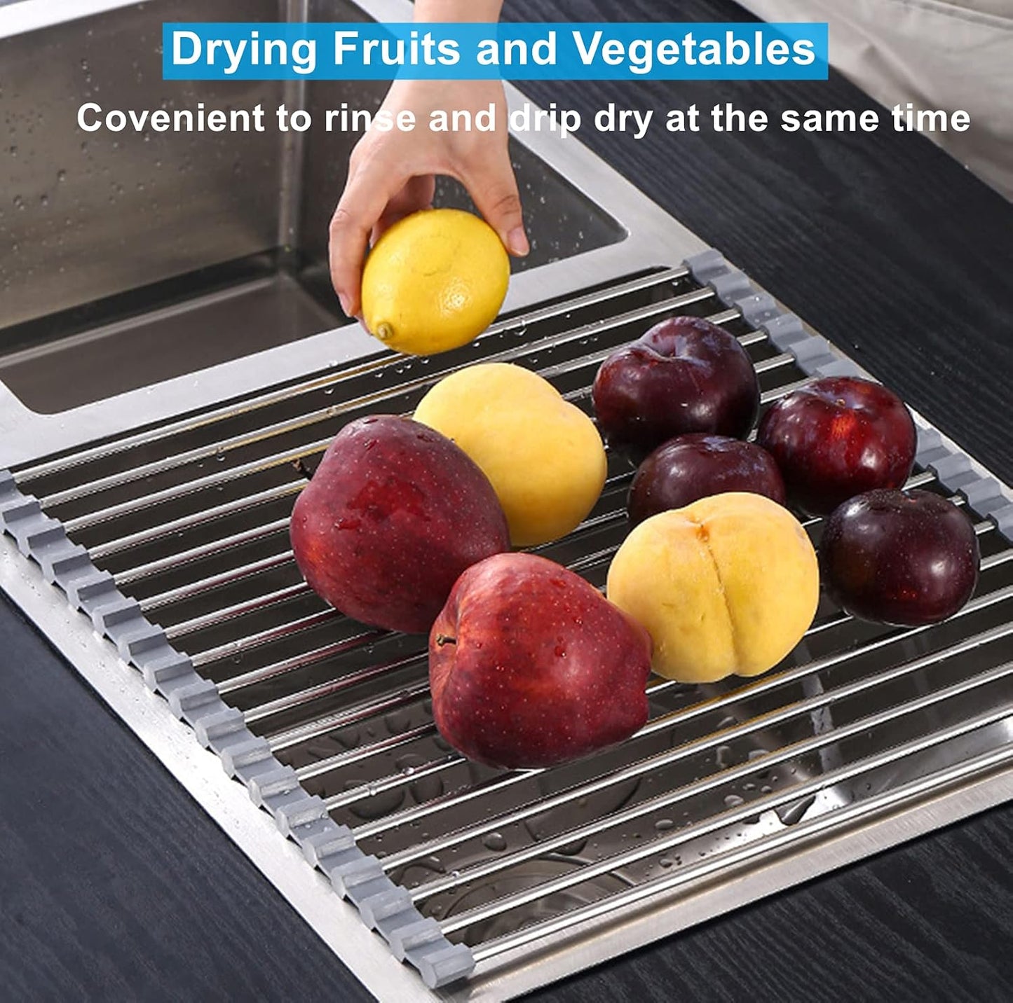Seropy Roll Up Dish Drying Rack Over The Sink for Kitchen Sink Drying Rack Folding Dish Drainer Mat Rolling Dish Rack Sink Rack Stainless Steel Kitchen Dry Rack Black 17.5x15.7 Inch
