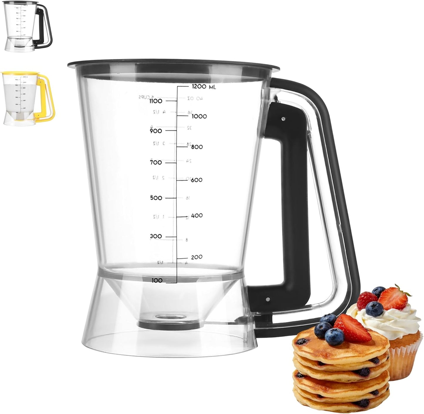 Pancake Batter Dispenser 5-Cup Batter Pourer for Maker Pancakes, Waffles, Crepes, Muffins, Cupcakes, Easy Squeeze Grip Handle with Proof Nozzle, Precise Baking Tools (Black)