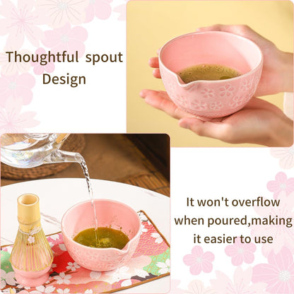 8-Piece Matcha Ceremony Set - Tea Kit with Cherry Blossom Bowl, Bamboo Whisk, Wood Scoops, Tea Cloth & Floral Display - Gift-Ready Pink Cherry color box (blue)