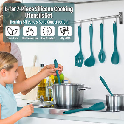 E-far Silicone Cooking Utensils Set, 7-Piece Black Heat Resistant Kitchen Utensils Set, Kitchen Nonstick Tools Spatula Ladle Spoon Pasta Server for Non-stick Cookware, Non-Toxic & Dishwasher safe