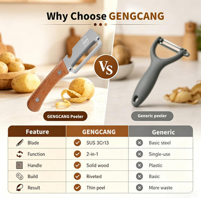 Multi-Functional Vegetable Peeler, Non-Slip Wooden Handle with Sharp Stainless Steel Blade, Built-in Bottle Opener - Perfect Kitchen Peeler For Veggie, Fruit, Potato, Carrot, Apple