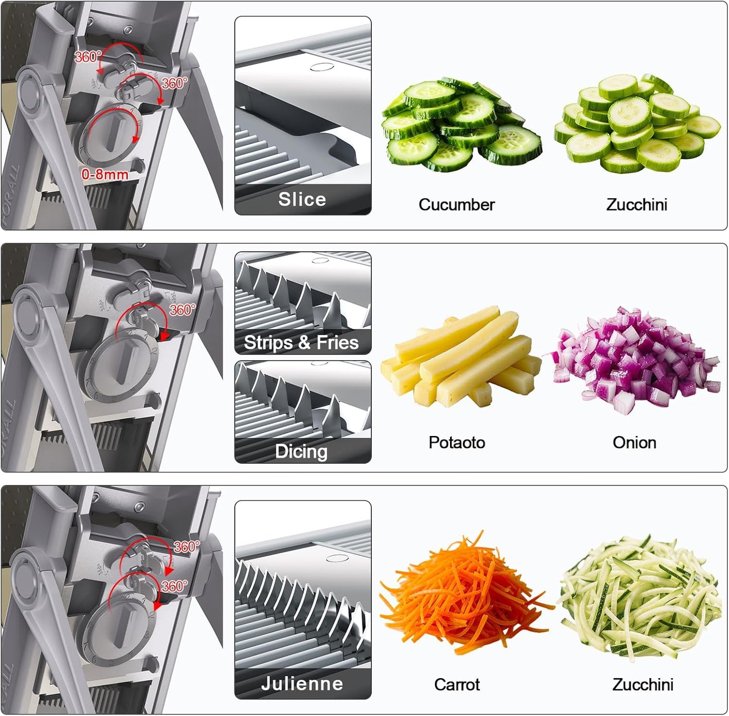 Safe Mandoline Slicer for Kitchen, 6 in 1 Vegetable Chopper, French Fry Cutter For Potatoes, Potato Slicer,Food Chopper,Adjustable Thickness 0.1-8 mm, With Peeler/Cleaning Brush (Black)