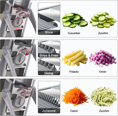 Safe Mandoline Slicer for Kitchen, 6 in 1 Vegetable Chopper, French Fry Cutter For Potatoes, Potato Slicer,Food Chopper,Adjustable Thickness 0.1-8 mm, With Peeler/Cleaning Brush (Black)