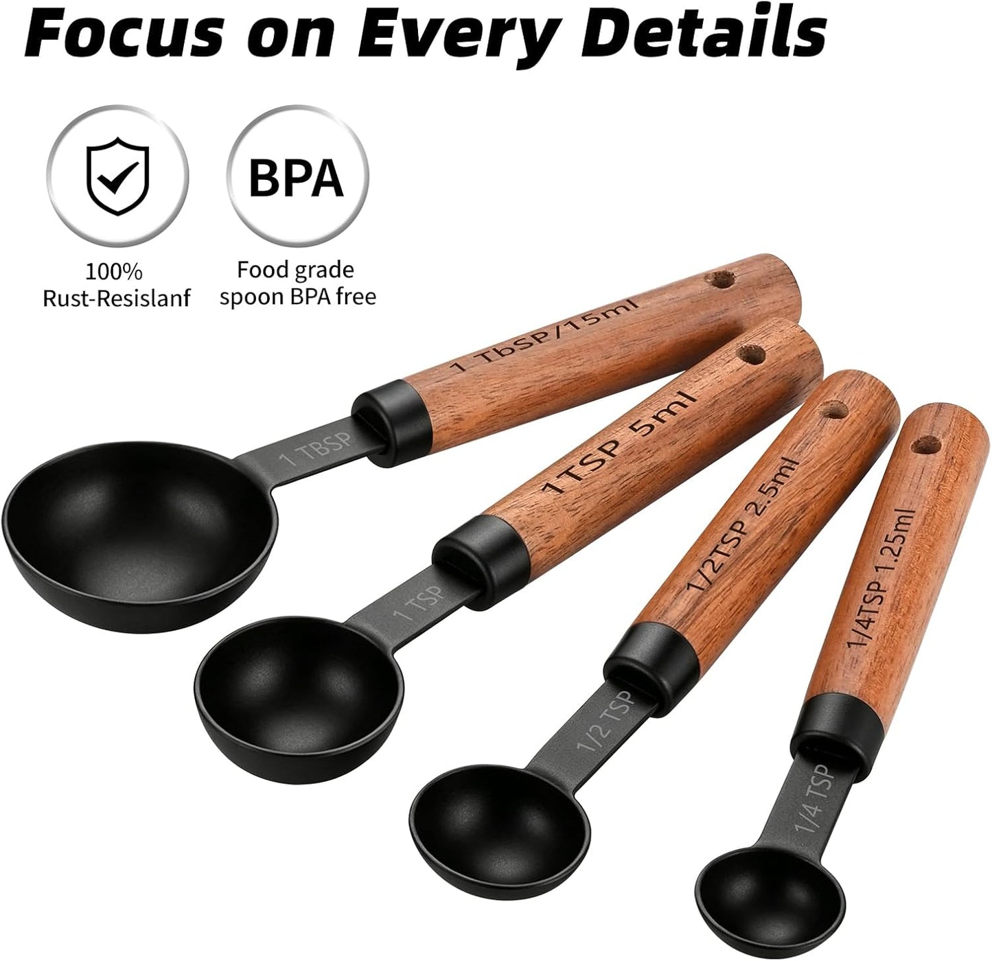 Wooden Handle Measuring Cups & Spoons Set 8-Piece – Stainless Steel, Stackable, Rustic Farmhouse Kitchen Gadgets, Non-Toxic, Dishwasher Safe, Gift for Bakers & New Homeowners