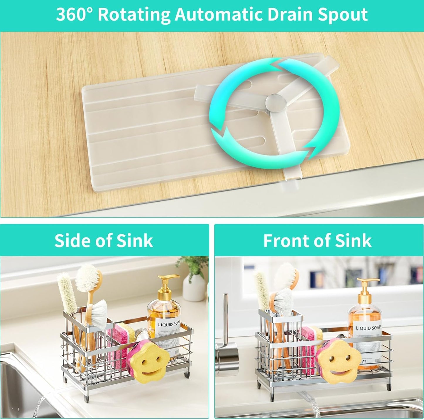 HapiRm Sponge Holder for Kitchen Sink - Self-draining Sink Caddy with Brush and Dishcloth Holders, Stainless Steel Kitchen Countertop Organizers and Storage Essentials - Black