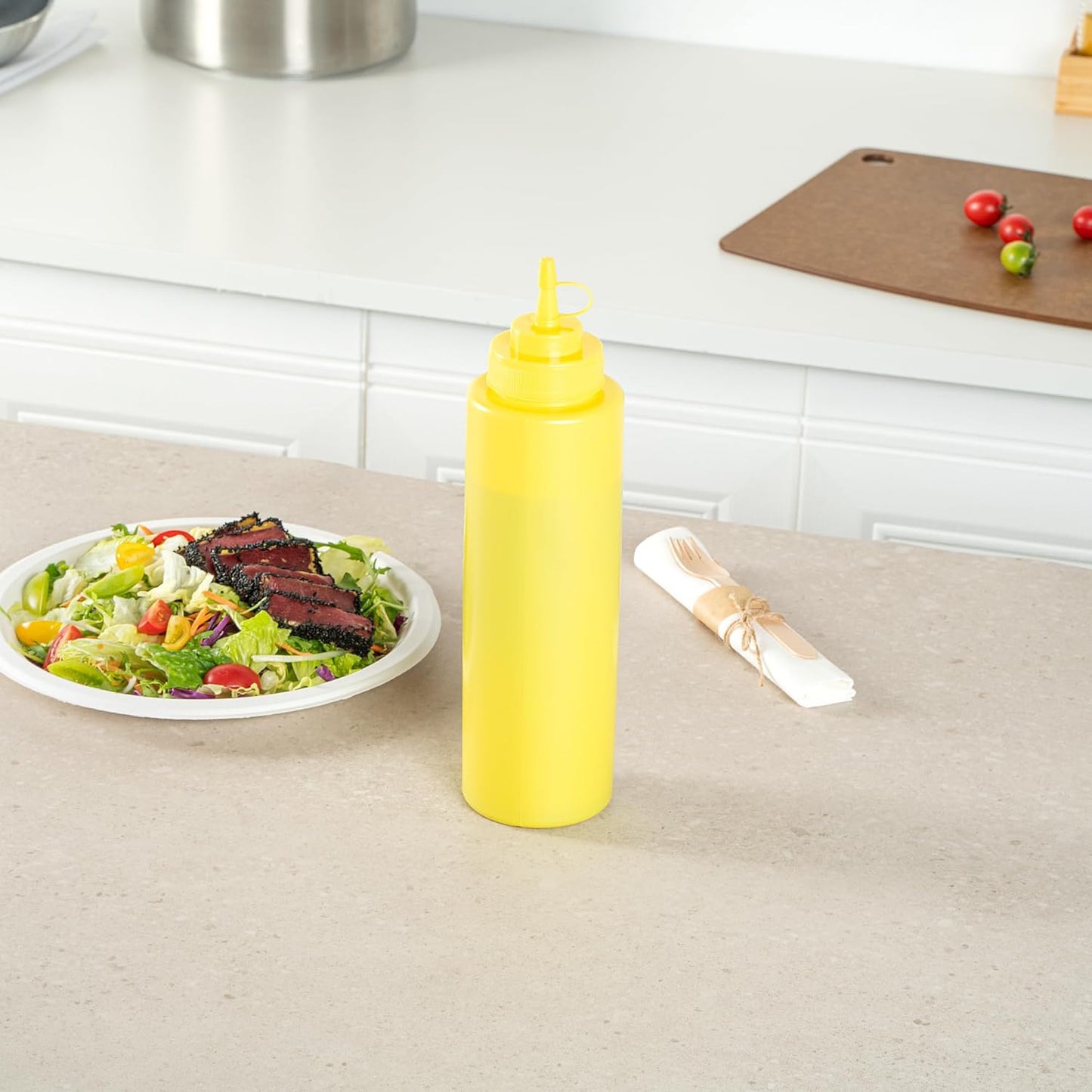 Restaurantware Plastic Squeeze Bottle 20 oz Refillable Condiment Bottle Large Valve Dishwashable Yellow Inverted Sauce Dispenser For Thick Condiments, Dressings, Batter, Sour Cream, And Syrups