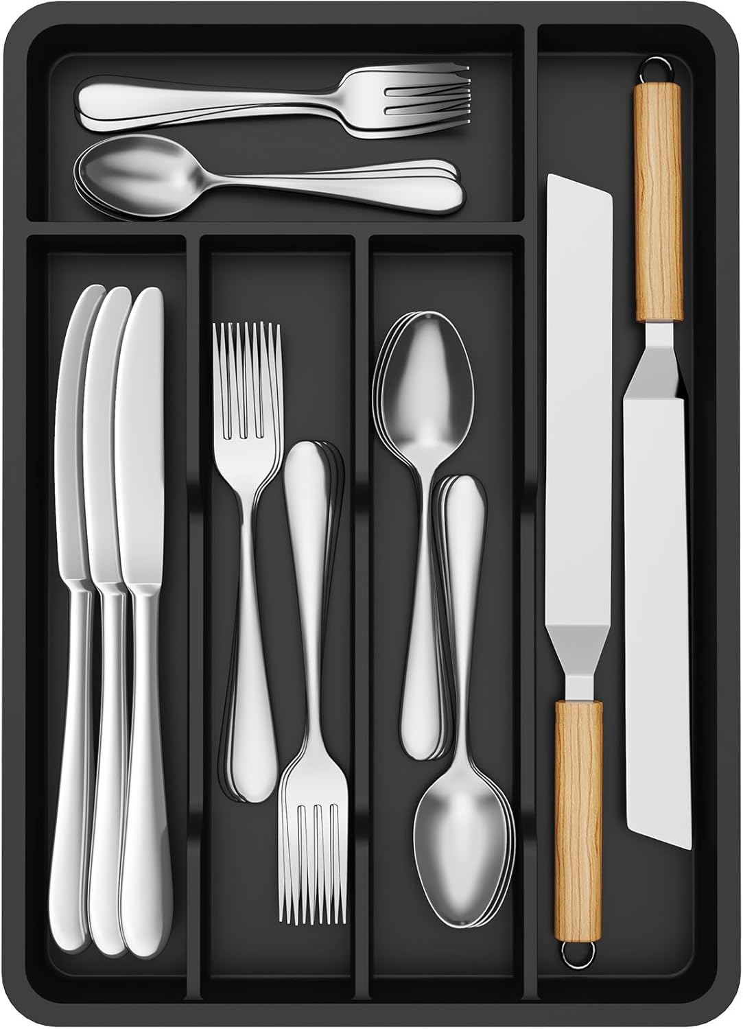 Lifewit Silverware Drawer Organizer Tray, Plastic Cutlery Storage for Kitchen, Flatware and Utensil Holder Divider for Spoons Forks Knives Tableware, 9.1 x 12.6", 5 Slots, Black