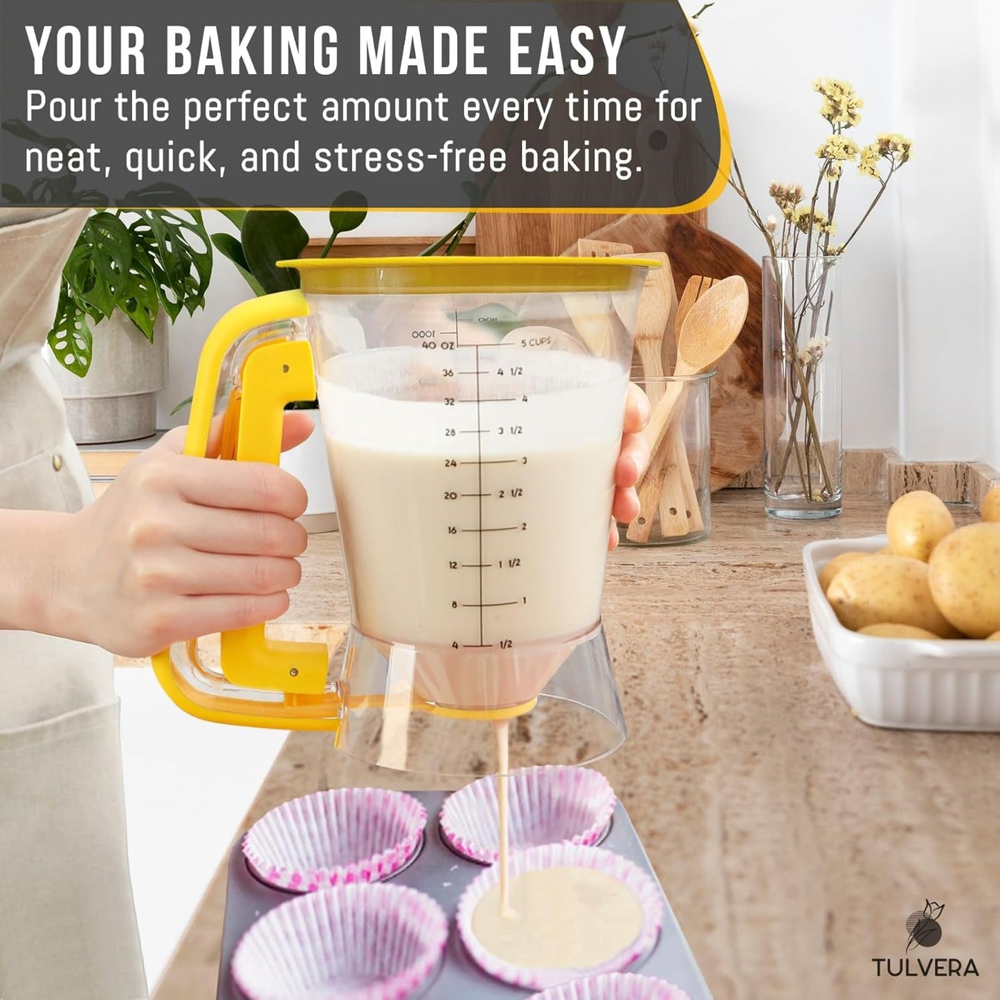 Pancake Batter Dispenser | 5-Cup Mix Pourer for Pancakes, Waffles, Crepes, Muffins, Cupcakes | Squeeze Handle, Portion Control Pitcher, Durable Drip-Free Design | Baking Accessories (Original Black)