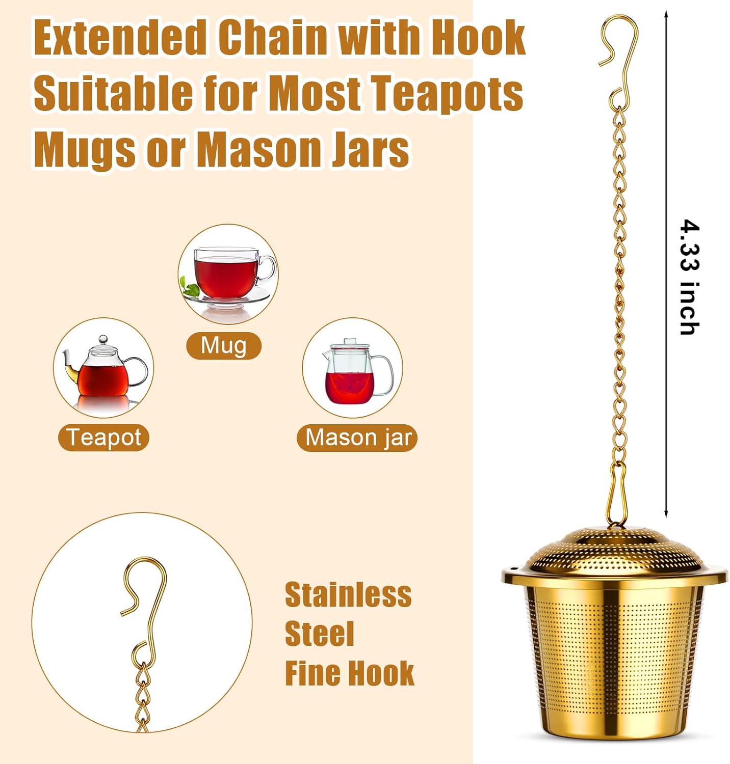 Umigy 4 Pcs Tea Infuser Strainers for Loose Tea with Scoop, Extra Fine Mesh Steeper 304 Stainless Steel Diffuser Leaf Holder with Extended Chain Hook for Brew, Spices, Seasoning, Silver