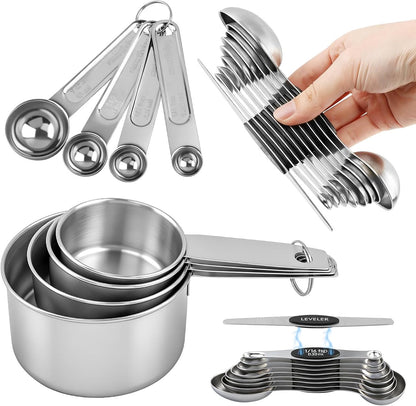 Magnetic Measuring Cups and Spoons Set, 17PCS Stainless Steel Dual-Sided Spoons with Built-in Leveler for Dry & Liquid Ingredients, Magnetic Nesting Design for Baking & Cooking(COLOR:silver)