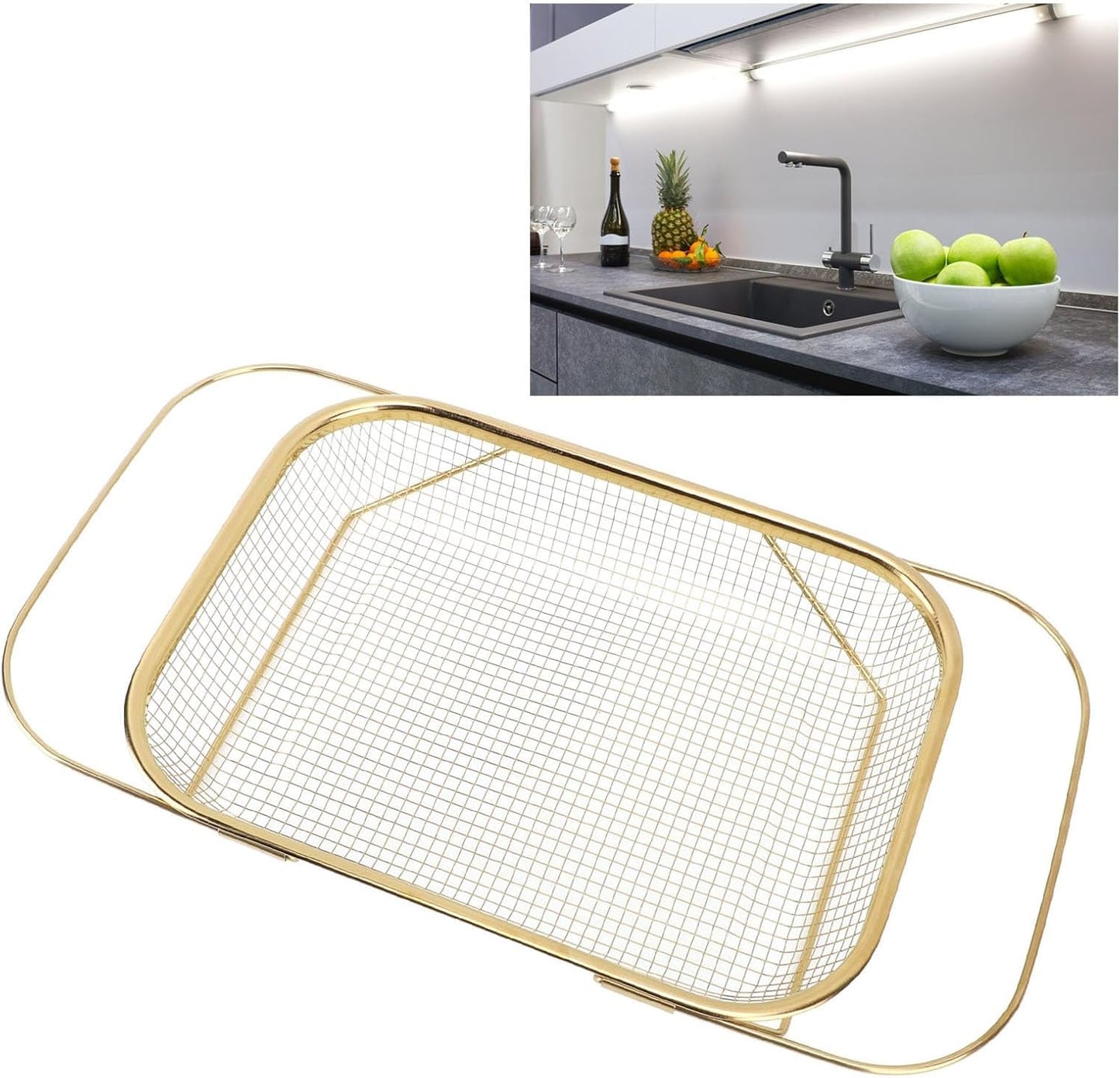Over The Sink Colander, 4 Quart Stainless Steel Oval Colander with Fine Mesh and Expandable Handle Kitchen Sink Strainer Basket for Fruits Vegetables (Gold)
