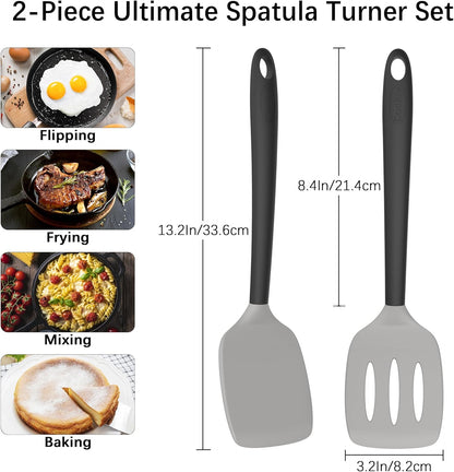 Coukre 2 Pack Silicone Spatula Set, High Heat Resistant, BPA Free Kitchen Spatula, Solid & Slotted Turner for Non-Stick Pans, Sautéing, and Flipping (2, PureBlack)