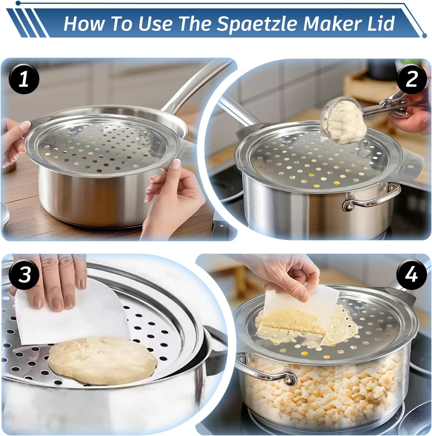 Premium Grade Stainless Steel Spaetzle Maker with Anti-slip Rubber Handle, Spider Strainer Skimmer, Silicone Scraper and Plastic Brush, Homemade German Egg Noodle Dumpling Making Tool Set