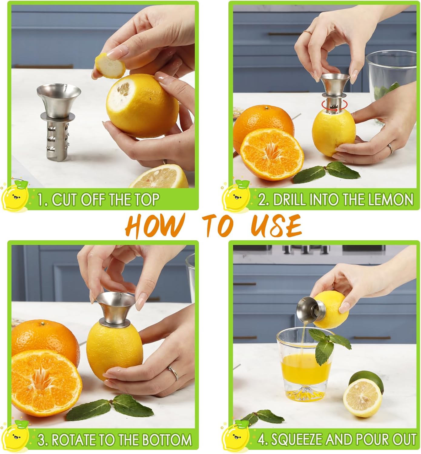KAYCROWN 18/8 Stainless Steel Manual Lemon Juicer Squeezer, Easy Squeeze Small Hand Juicer and Reamer, Hand Citrus Juicer and Lemon Pourer, Screw Limes squeezer, Dishwasher Safe, Pack of 2