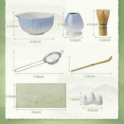 Matcha Whisk Set – Ceramic Matcha Bowl with Pour Spout, Bamboo Whisk, Whisk Holder, Scoop, Sifter – Japanese Matcha Kit for Beginners (Blue)