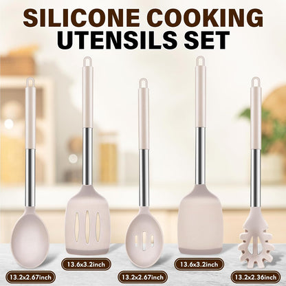 5Pcs Silicone Cooking Utensils Set, Heat Resistant Kitchen Tools Include Solid&Slotted Spatula, Cooking Spoon and Pasta Server, Silicone Kitchen Utensils set for Nonstick Cookware Flipping, Black