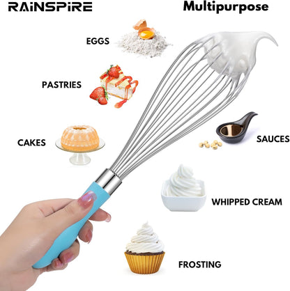 Rainspire 12-Inch Wire Whisk Stainless Steel, Balloon Whisks for Cooking, Wisk Wisking Tool With Soft Silicone Handle, Thick Durable Whisker for Blending, Beating, Whisking, Stirring, Pink