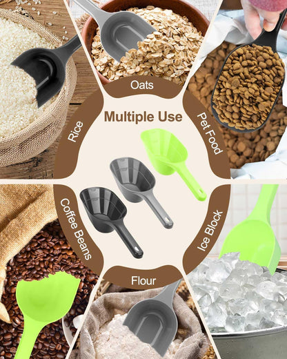 3PACK Dog-Cat Food-Scoop Measuring-Cup,1 Cup Capacity Versatile Plastic Pet Food Scoop with Measuring Lines 1 Cup and 1/2 Cup for Precise Portion Control (Black, Grey and Green)