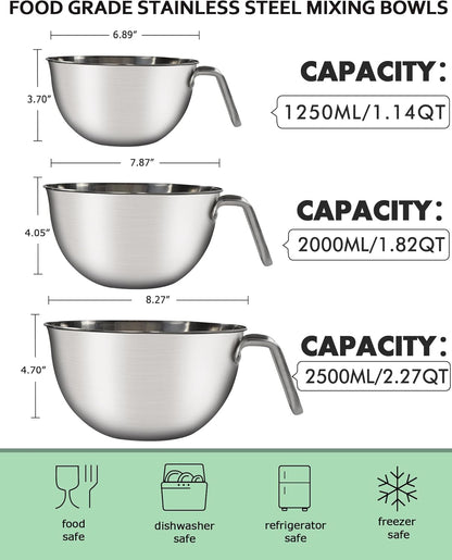Marsheepy Stainless Steel Mixing Bowls With Handle And Pour Spout,3 Pieces Of Thick Stainless Steel Nesting Storage Bowls With Silicone Spatula for Kitchen Use,Size 1.1/1.8/2.3 Quart