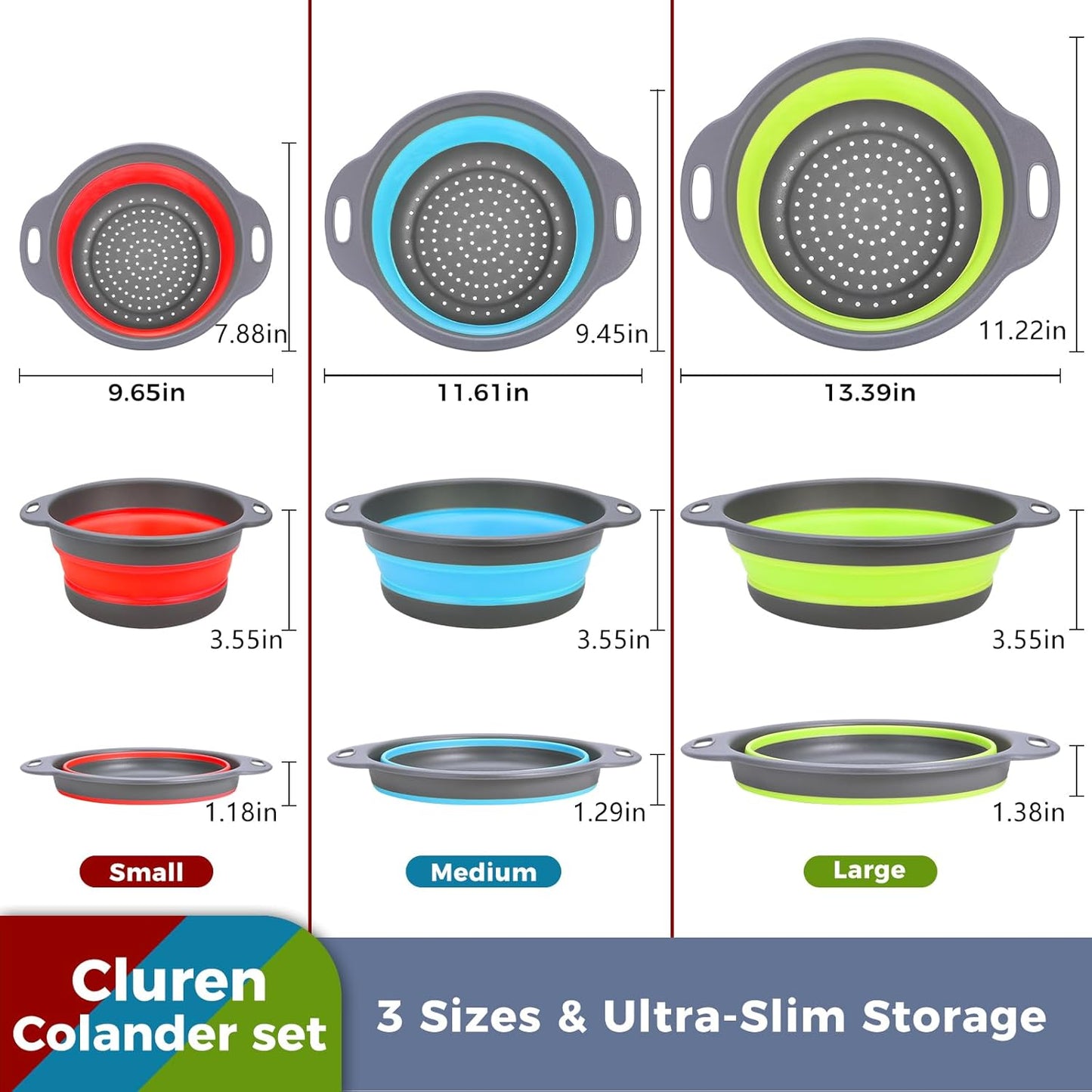 Collapsible Colander Set with Oversized Draining Tray | 3-Pack Foldable Kitchen Strainers + Base | Space Saving for Pasta, Veggies, Fruit & Rice | 5 Colors (Gray-White)