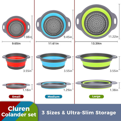 Collapsible Colander Set with Oversized Draining Tray | 3-Pack Foldable Kitchen Strainers + Base | Space Saving for Pasta, Veggies, Fruit & Rice | 5 Colors (Gray-White)
